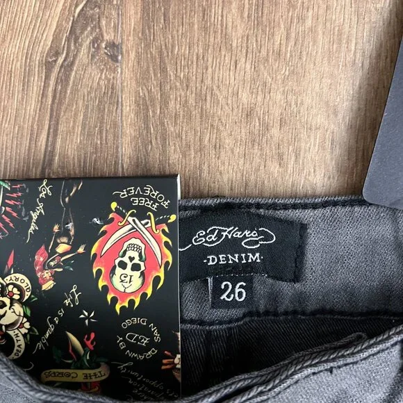 NEW Ed Hardy Tattoo Embroidered Wide Leg Gray Jeans Sz 26